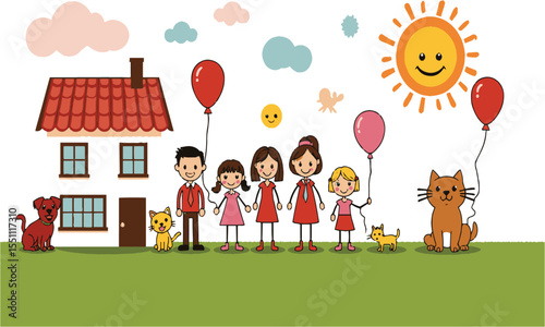 Modern vector illustration style of  happy children playing outside in nature with a banner cartoon, easily editable and scalable,