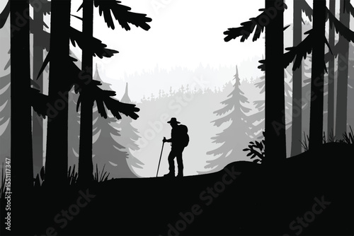 silhouette of hiker in forest with mountain landscape for nature travel and adventure stock vector