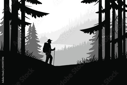 hiking silhouette among trees with distant mountain backdrop, ideal for outdoor adventure projects vector
