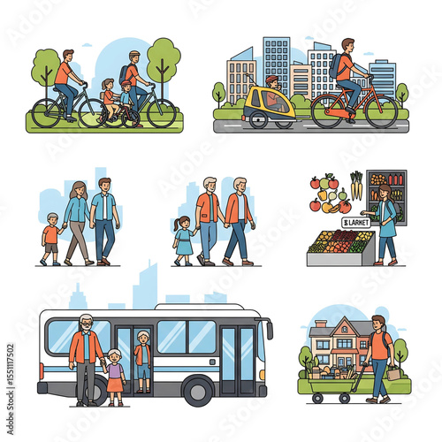 Family enjoying eco-friendly transportation like cycling, walking, and public transit

