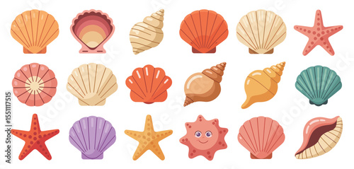 Collection of Cute Cartoon Seashells and Starfish