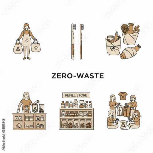 5 icon set of zero-waste living with cloth bags, bamboo toothbrush, beeswax wraps, and refilling

