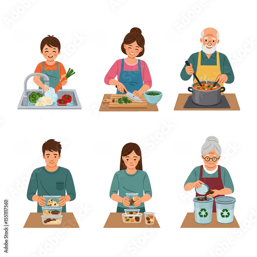 5 icon set of multigenerational family cooking eco-conscious meals with local ingredients and composting

