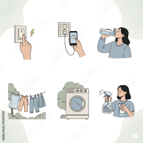 5 icon set of eco-friendly routines in shared households: lights off, unplugging, reusable bottles

