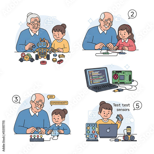 5 icon set of grandparent and child building robotics: assembling, wiring, coding, and testing

