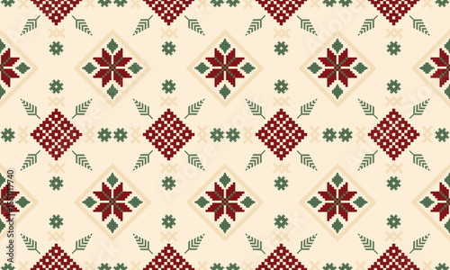 Nordic Rug-Inspired Cross Stitch Seamless Pattern – Vintage Christmas Textile Design. Perfect for holiday-themed fabric prints.
