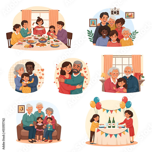 Joyful multigenerational family gathering with hugs, meals, and storytelling on transparent background