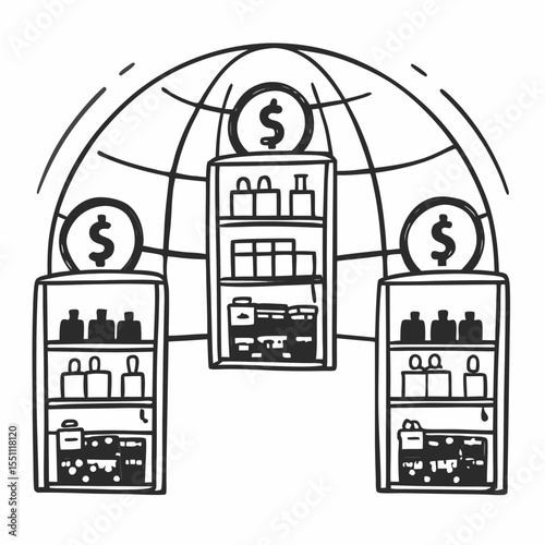 Global Online Retail Marketplace Illustration with Digital Shelves and Multi-Currency Support