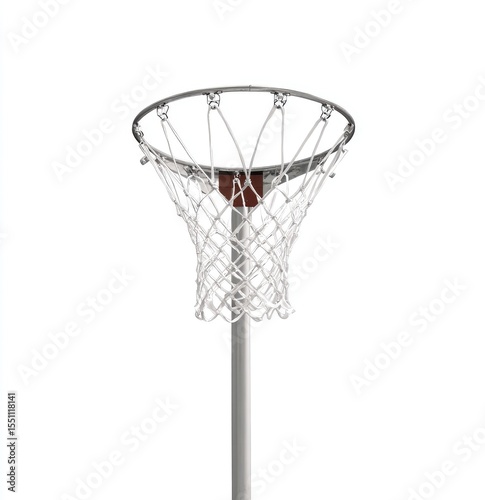 A silver metal netball hoop with a white net, mounted on a slender pole, isolated on a white background