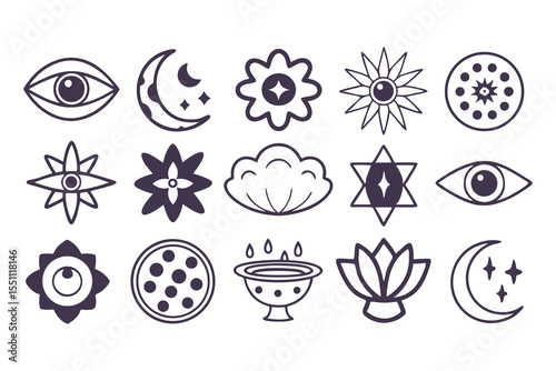 Goblincore Aesthetic Icon Set. Hand Drawn Mystical Clipart with Eyes, Moons, Stars, Skulls, Flowers, and Potions  Clipart Vector Illustration