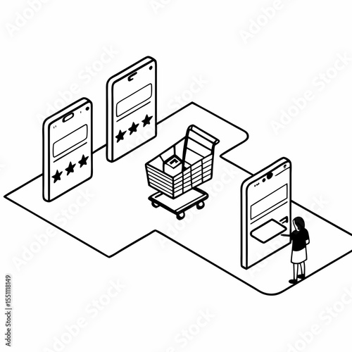 Isometric Online Shopping Scene with Smart Devices, Shopping Cart, and Product Reviews Interface