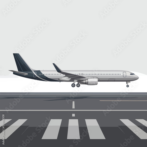 Low Flying Silver And Dark Gray Passenger Airplane Approaching Airport Runway White Background Crosswalk
