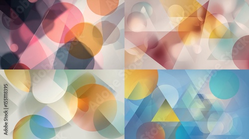 Abstract geometric artwork composed of four panels featuring overlapping translucent circles and triangles in muted warm and cool tones