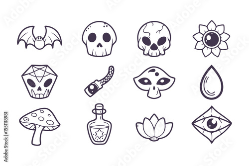 Goblincore Mystical and Spooky Icon Set – Hand Drawn Style Collection Featuring Skulls, Eyes, Potions, Flowers, and Mushrooms Clipart Vector Illustration on White Background