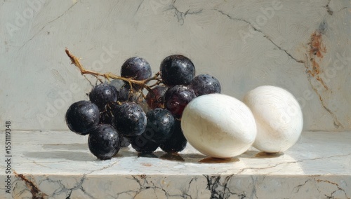 Three black grapes and two white eggs on marble table in realistic art style for minimalist digital background and organic decor templates.