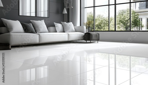 Modern living room with white tile flooring