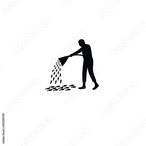 Silhouette of a person feeding fish in an aquaculture farm on white background