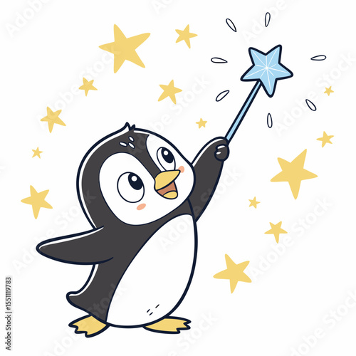 Charming penguin cartoon conjuring magic with wand surrounded by radiant stars