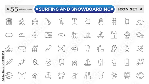 Surfing and Snowboarding Outline Icon Set – Extreme Water and Mountain Sports. Editable stroke outline icon. 
