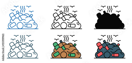 Pile of Garbage with Birds and Steam Icon Set