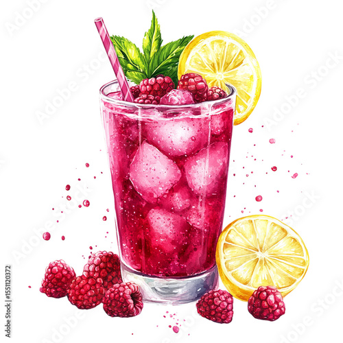 Watercolor illustration of a raspberry lemonade drink with ice and lemon slices on a black background on transparent background