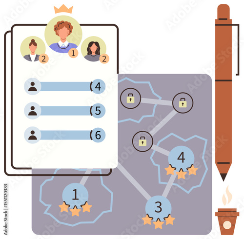Ranking board highlighting top individuals, map with star evaluations and paths, coffee cup, pen. Ideal for teamwork, performance tracking, leadership insights, skill mapping, progress evaluation