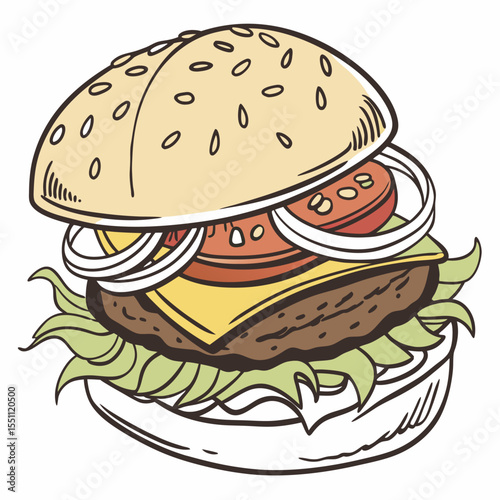 Delicious Burger Vector Design – Tasty Fast Food Illustration in Flat Style

