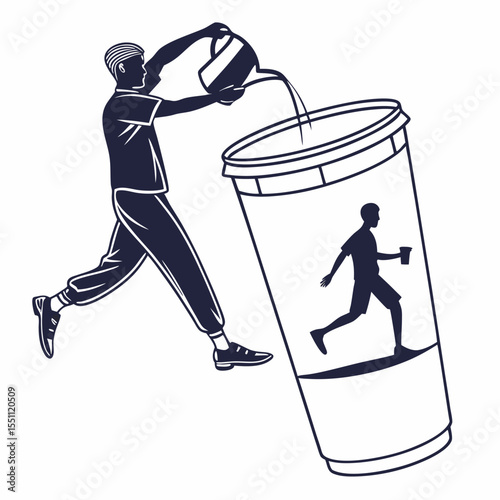 Creative Concept of Man Pouring Drink into Giant Cup with Runner Silhouette – Abstract Coffee Art

