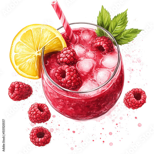 Raspberry cocktail with lemon slice and straw in a glass with ice on a black background on transparent background