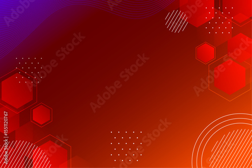 Abstract Red and Orange Gradient Background with Geometric Hexagon Shapes and Lines