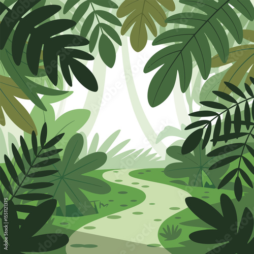 Lush Green Tropical Jungle Path Winding Through Verdant Foliage Bright Sunlight Filtering Through Canopy of Large Leaves and Smaller Plants
