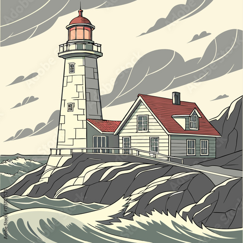 Stormy Lighthouse on Rocky Coast – Vector Nautical Illustration