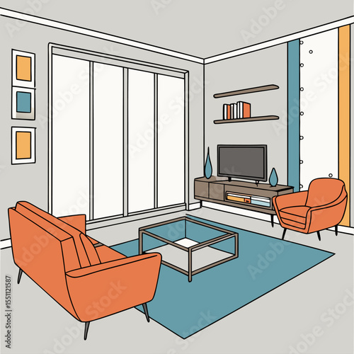 Modern Living Room Interior – Vector Illustration with Minimalist Furniture