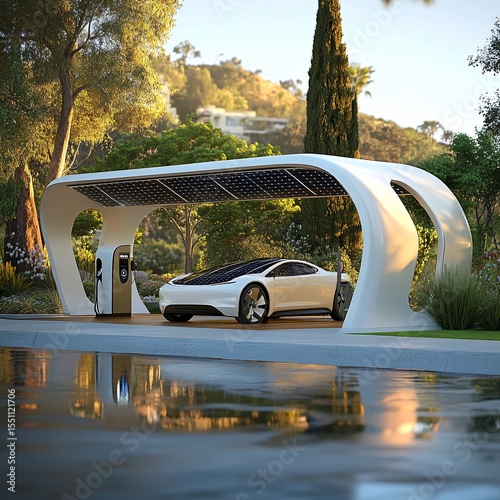 EV solar charging station, minimalist design, futuristic architecture, daylight clarity