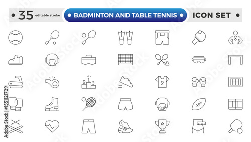 Badminton and Table Tennis Outline icon collection featuring sports equipment, activities, and athletes—football, basketball, cycling, running, swimming, and trophies. Editable stroke outline icon. 
