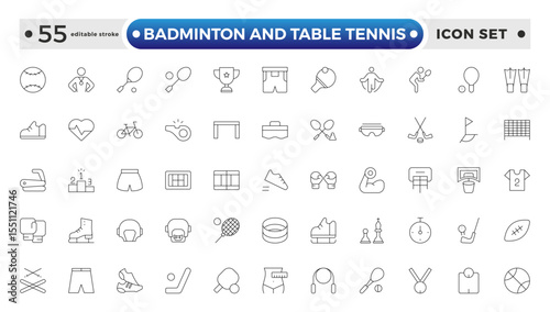 Badminton and Table Tennis Outline icon collection featuring sports equipment, activities, and athletes—football, basketball, cycling, running, swimming, and trophies. Editable stroke outline icon. 
