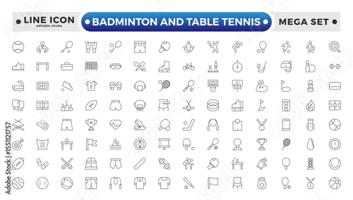 Badminton and Table Tennis Outline icon collection featuring sports equipment, activities, and athletes—football, basketball, cycling, running, swimming, and trophies. Editable stroke outline icon. 
