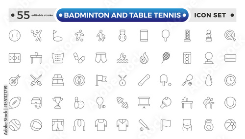 Badminton and Table Tennis Outline icon collection featuring sports equipment, activities, and athletes—football, basketball, cycling, running, swimming, and trophies. Editable stroke outline icon. 
