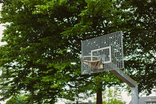 An outdoor park setting featuring a basketball hoop, elegantly surrounded by a plethora of lush green trees, inviting individuals of all ages to partake in this dynamic activity and enjoy the day
