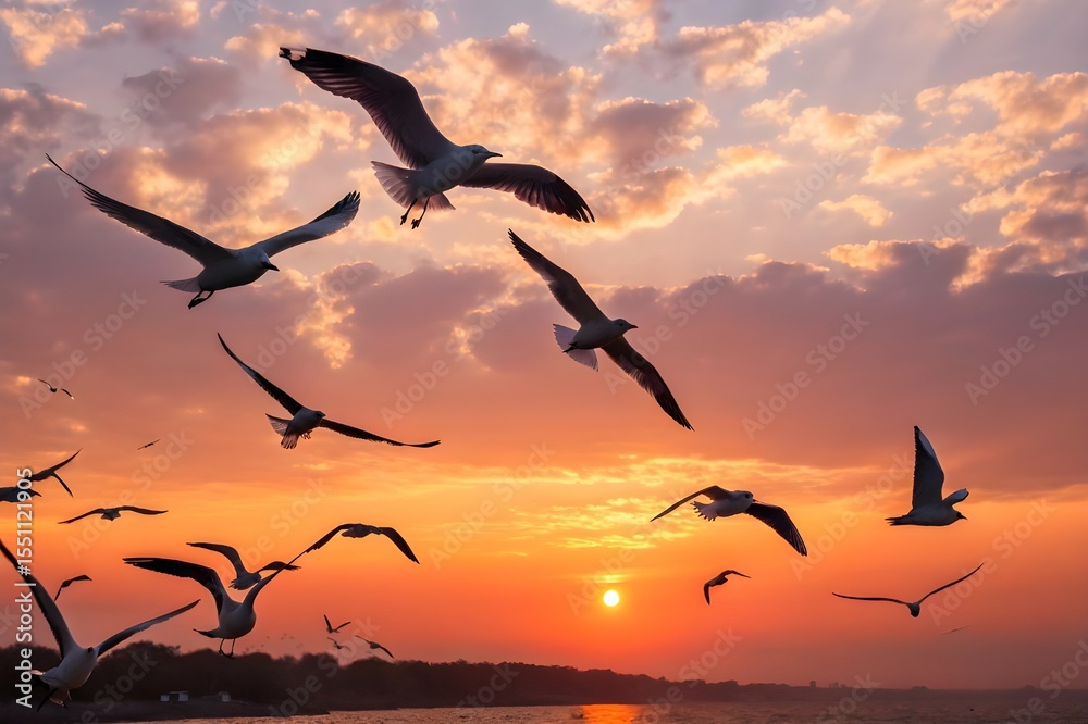 Fototapeta premium Group of silhouette seagulls flying over the sea on twilight sky at sunset