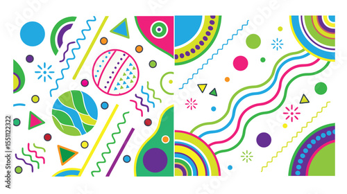 A visually dynamic abstract piece split into two mirrored sections filled with overlapping shapes, arcs, patterned circles, and colorful wavy lines etc.