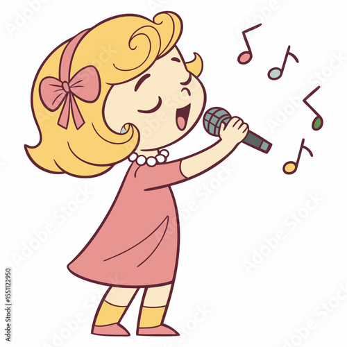Cartoon little girl singing with a microphone happily expressing her emotions