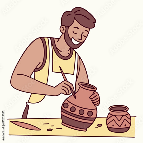 Artisan shaping earthen vessel with detailed ornamentation in creative hobby setting