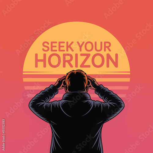Man in Black Jacket Gazing at Sunset Seek Your Horizon Retro Style Illustration Orange Yellow Pink Background