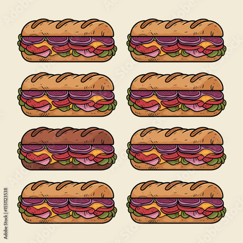 Delicious Sub Sandwiches Set Illustration