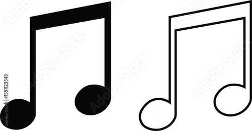 Music notes icons set in flat, outline designs. Musical key signs. Song, melody or tune vectors illustration for musical apps and websites. Ideal for music content, logos, albums and sound production.