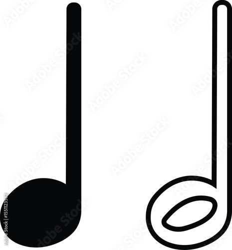 Music notes icons set in flat, outline designs. Musical key signs. Song, melody or tune vectors illustration for musical apps and websites. Ideal for music content, logos, albums and sound production.