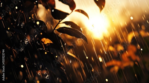 Sunset rain on leaves