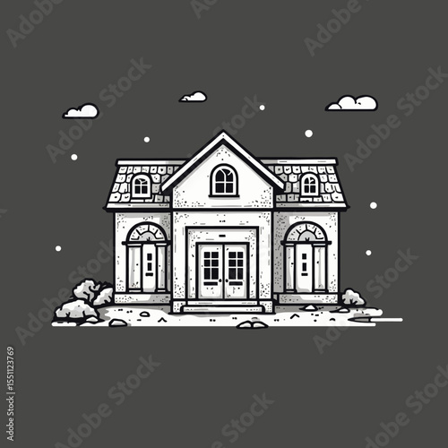 Detailed Black and White Illustration of a Classic House with Arched Windows.