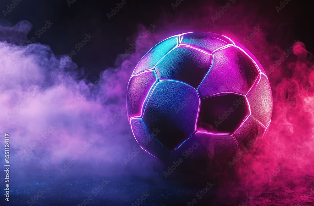 Fototapeta premium Soccer ball bathed in vibrant neon light, smoky backdrop